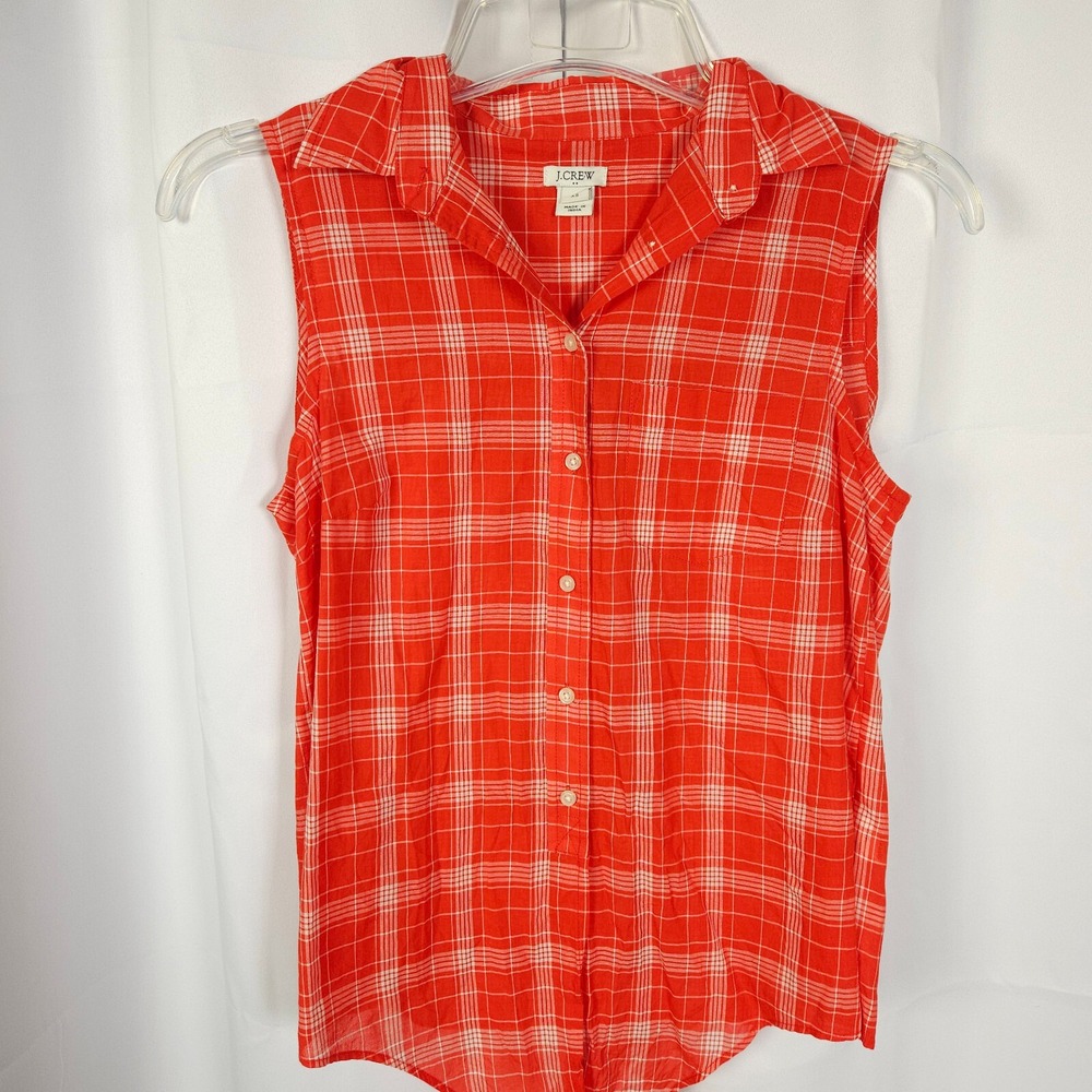 J. Crew Red White Plaid Sleeveless Button-Down Vest Top Women's XS